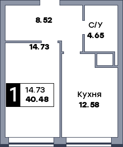 1 комнатная квартира, №222, этаж 15