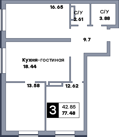 3 комнатная квартира, №240, этаж 16