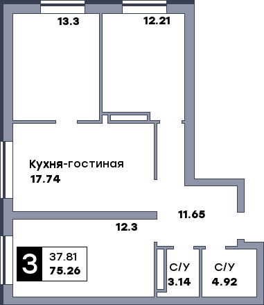 3 комнатная квартира, №241, этаж 17