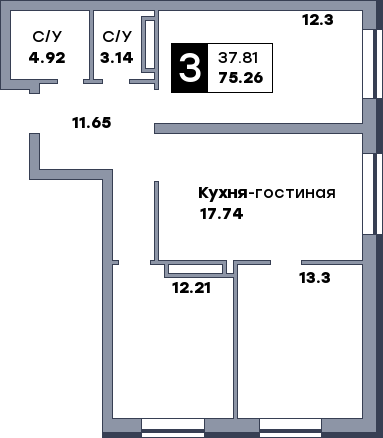 3 комнатная квартира, №281, этаж 19