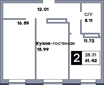 2 комнатная квартира, №316, этаж 21