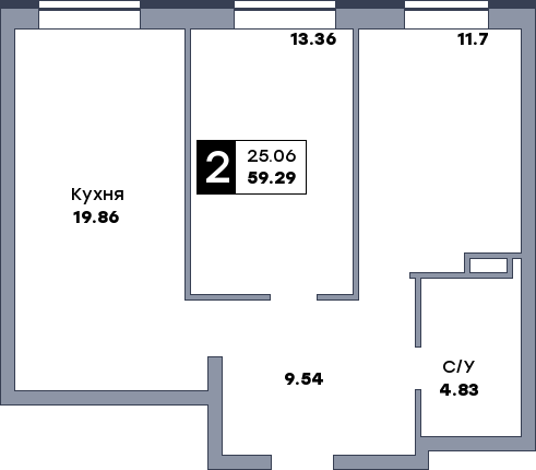 2 комнатная квартира, №100, этаж 11