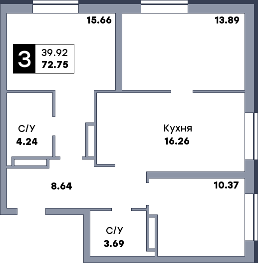 3 комнатная квартира, №222, этаж 22