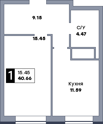 1 комнатная квартира, №227, этаж 22