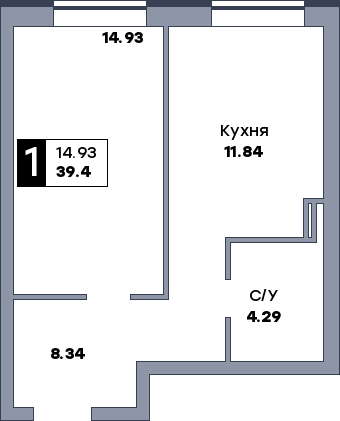 1 комнатная квартира, №233, этаж 4