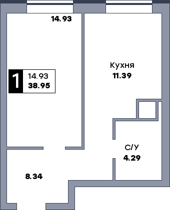 1 комнатная квартира, №354, этаж 15