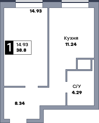 1 комнатная квартира, №365, этаж 16