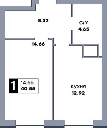 1 комнатная квартира, №370, этаж 16