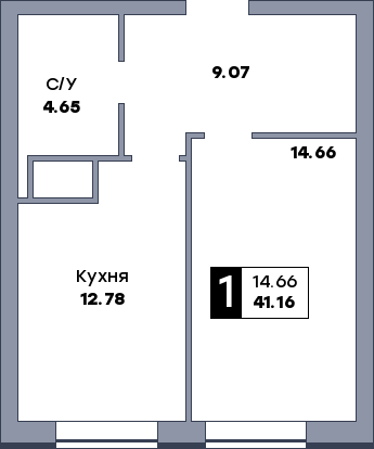 1 комнатная квартира, №404, этаж 19