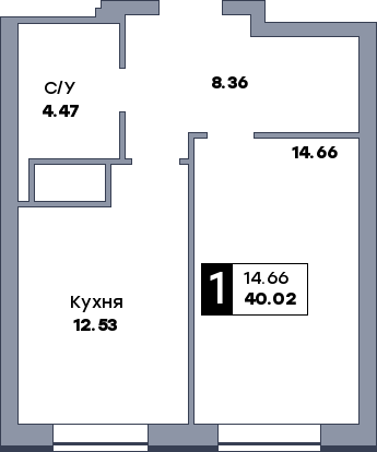 1 комнатная квартира, №434, этаж 22