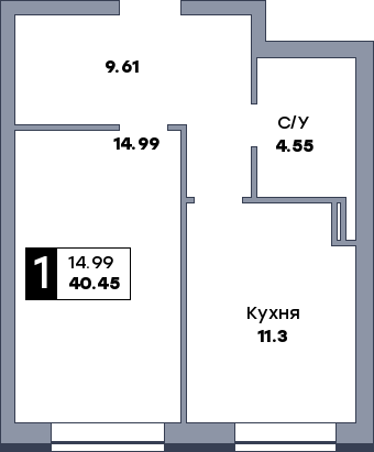 1 комнатная квартира, №444, этаж 4