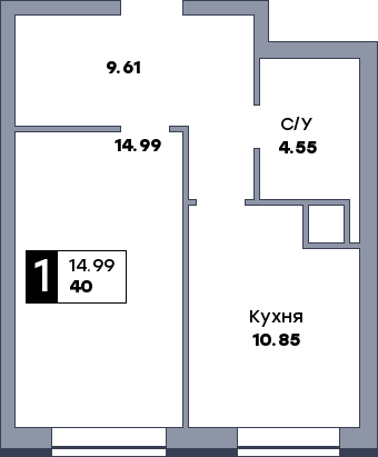 1 комнатная квартира, №532, этаж 12