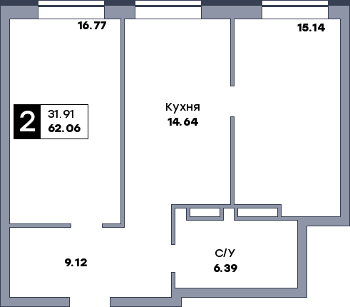 2 комнатная квартира, №584, этаж 17