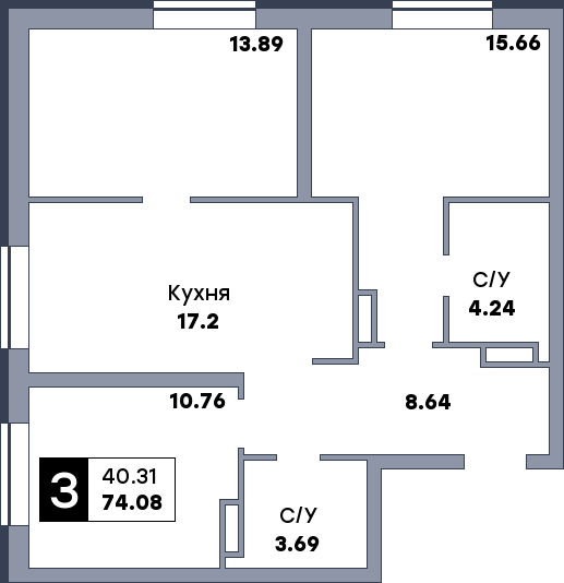 3 комнатная квартира, №593, этаж 17