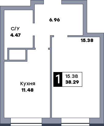 1 комнатная квартира, №612, этаж 19