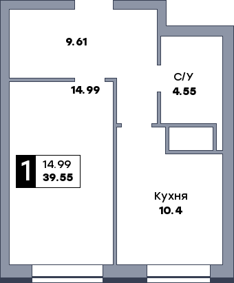 1 комнатная квартира, №642, этаж 22