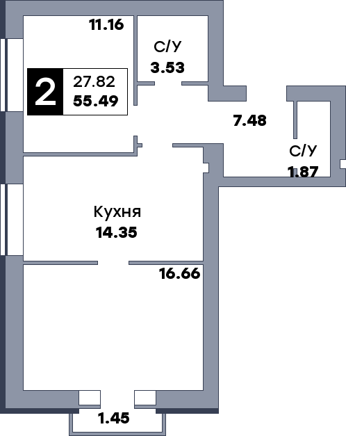 2 комнатная квартира, №72, этаж 9