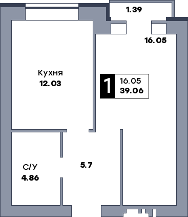 1 комнатная квартира, №145, этаж 7