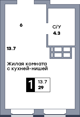 1 комнатная квартира, №164