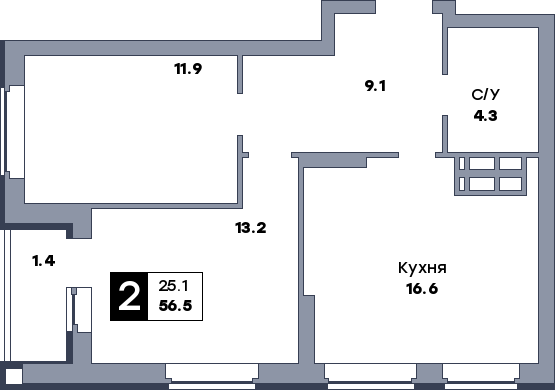 2 комнатная квартира, №168, этаж 2