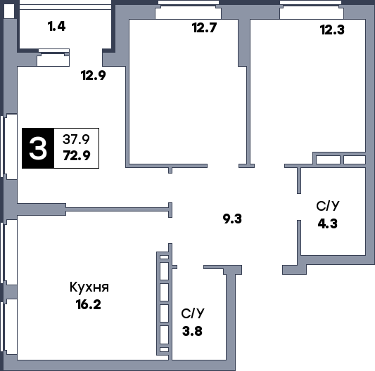 3 комнатная квартира, №169, этаж 2