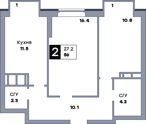 2 комнатная квартира, №171, этаж 3