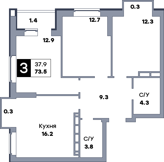 3 комнатная квартира, №179, этаж 3