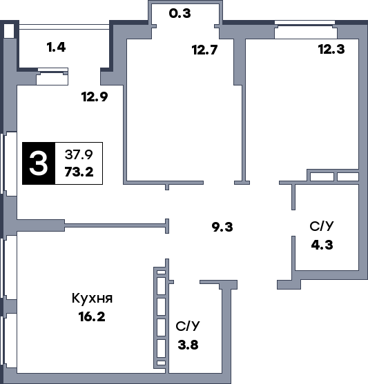3 комнатная квартира, №189, этаж 4