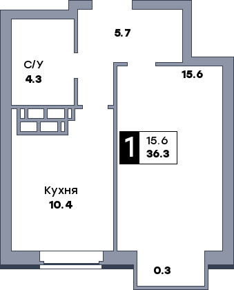 1 комнатная квартира, №197, этаж 5