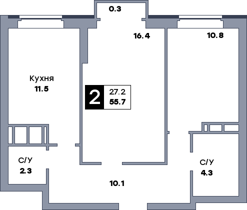 2 комнатная квартира, №201, этаж 6