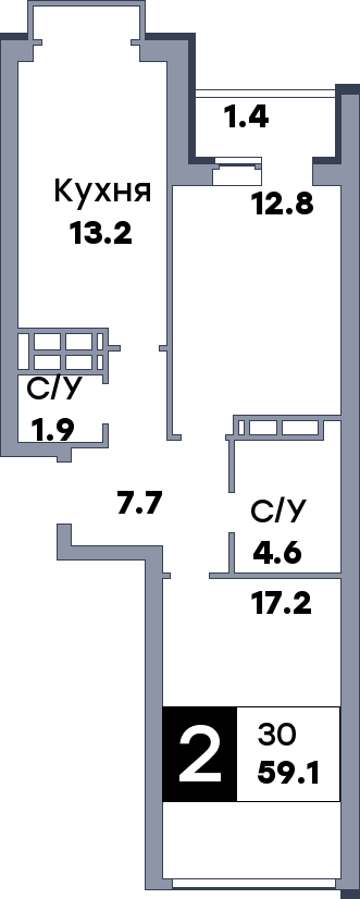 2 комнатная квартира, №202, этаж 6