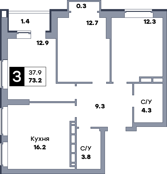 3 комнатная квартира, №209, этаж 6