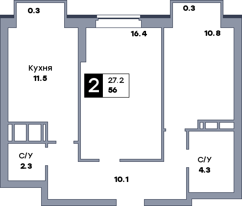 2 комнатная квартира, №211, этаж 7
