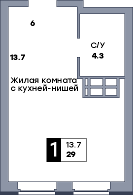 1 комнатная квартира, №214, этаж 7