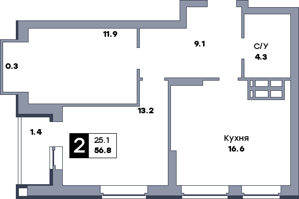 2 комнатная квартира, №218