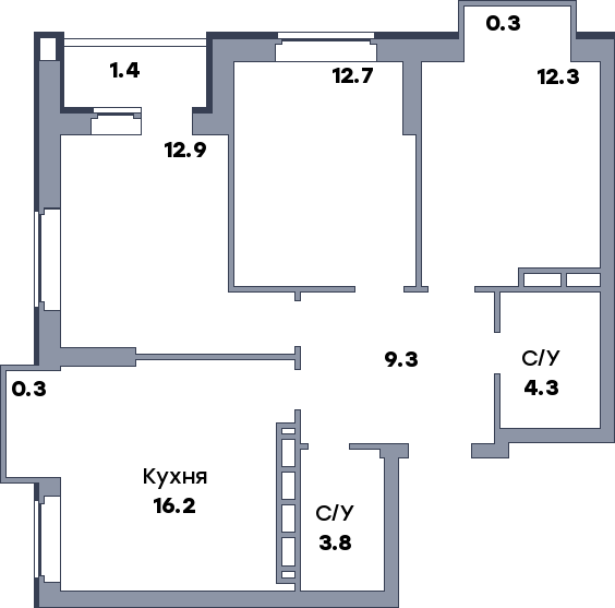 3 комнатная квартира, №219