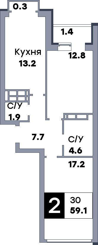 2 комнатная квартира, №222