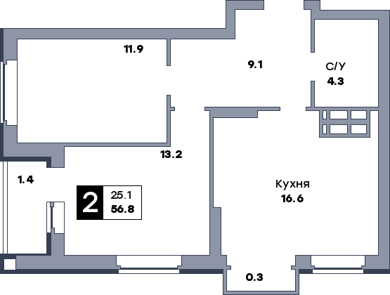 2 комнатная квартира, №228