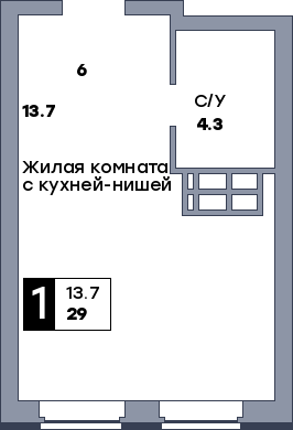 1 комнатная квартира, №234, этаж 9