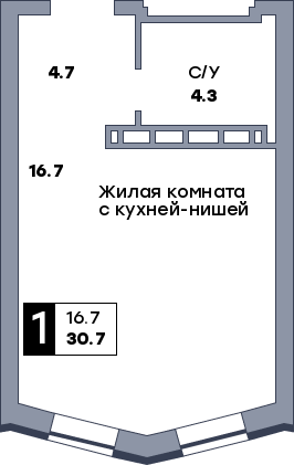 1 комнатная квартира, №236