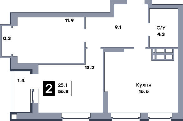 2 комнатная квартира, №238, этаж 9