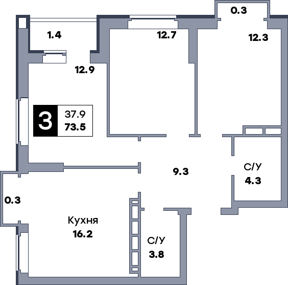 3 комнатная квартира, №239, этаж 9