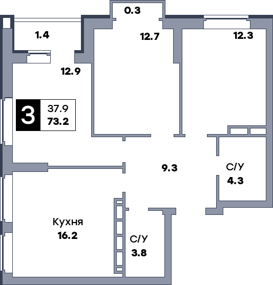 3 комнатная квартира, №249, этаж 10