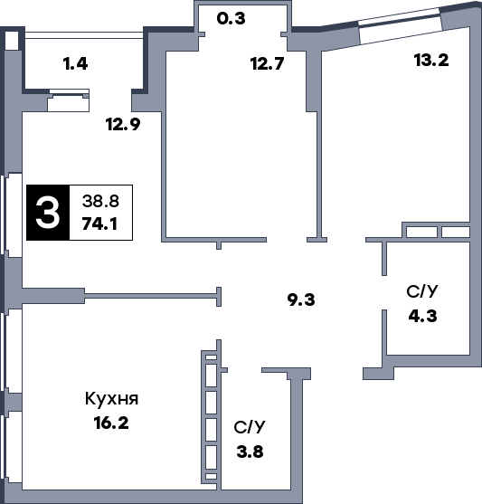3 комнатная квартира, №289