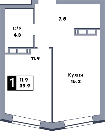 1 комнатная квартира, №293, этаж 15