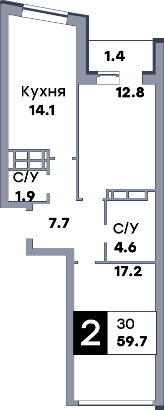 2 комнатная квартира, №302, этаж 16