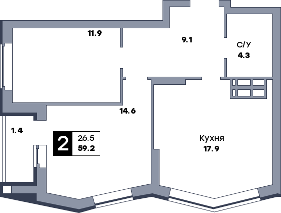 2 комнатная квартира, №308, этаж 16