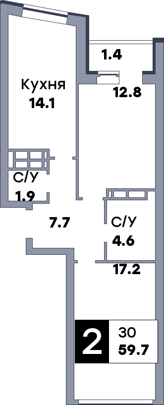 2 комнатная квартира, №312, этаж 17