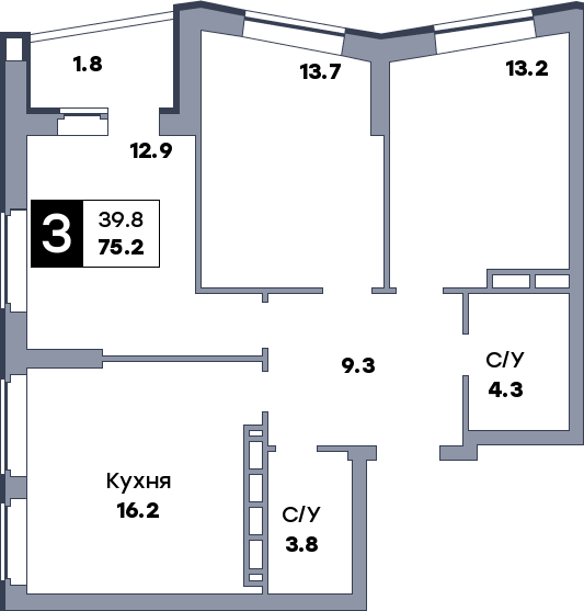 3 комнатная квартира, №329