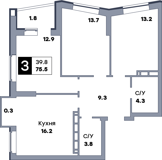 3 комнатная квартира, №339, этаж 19